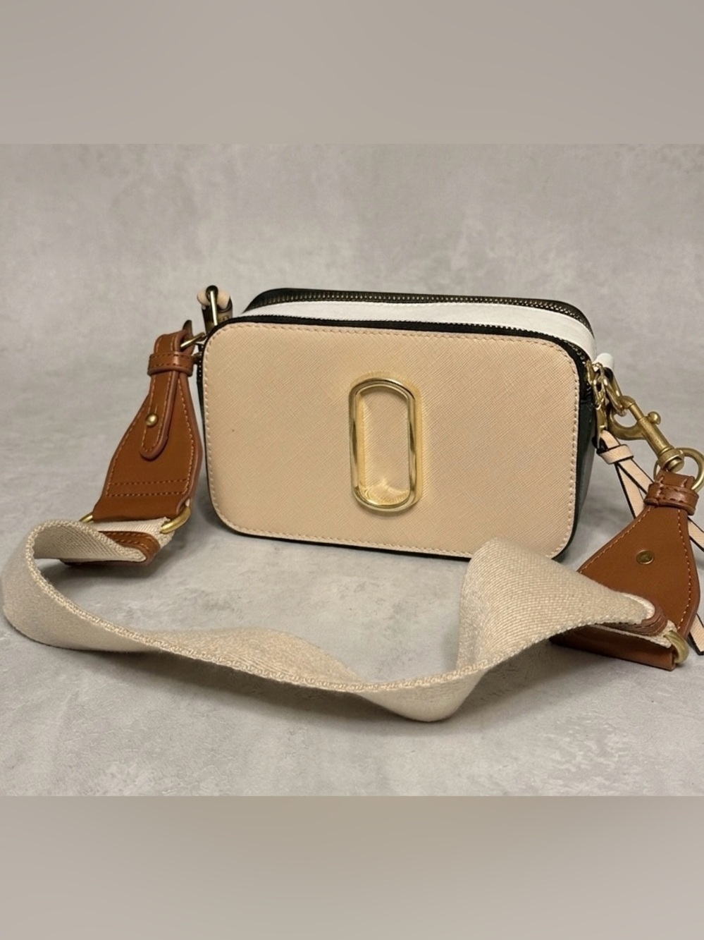 Beige Crossbody Camera Bag with Gold Hardware